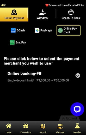 Step 1: Go to the deposit interface and select Online Payment method. Then select a suggested payment order below.