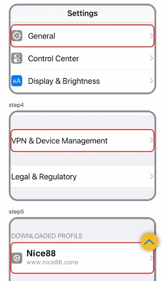 Step 4: Go to your phone’s settings and select “Device Management and VPN”. Then select the NICE88 APK profile.
